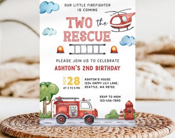 Two the Rescue Birthday Invitation, Fire Truck Invite, Sound the Alarm, Editable Boy 2nd Birthday Firefighter Invite Digital Template KB36