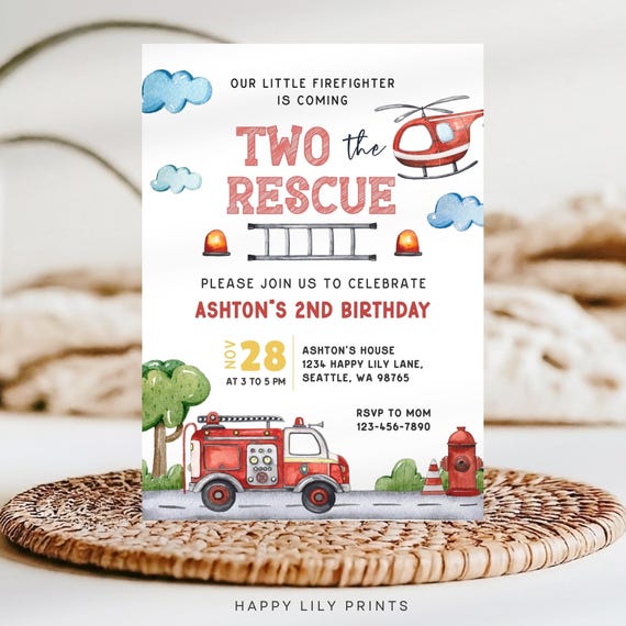 Two the Rescue Birthday Invitation, Fire Truck Invite, Sound the Alarm, Editable Boy 2nd Birthday Firefighter Invite Digital Template KB36
