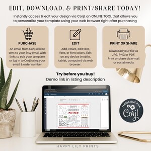 K&ouml;nnte beinhalten: Ein Laptop zeigt eine anpassbare Geburtstagsvorlage mit dem Text "Happy Birthday Matthew". Das Bild enth&auml;lt Anweisungen zum Bearbeiten und Drucken des Designs &uuml;ber Corjl, einem Online-Tool. Der Text "Edit, Download & Print/Share Today!" steht oben.