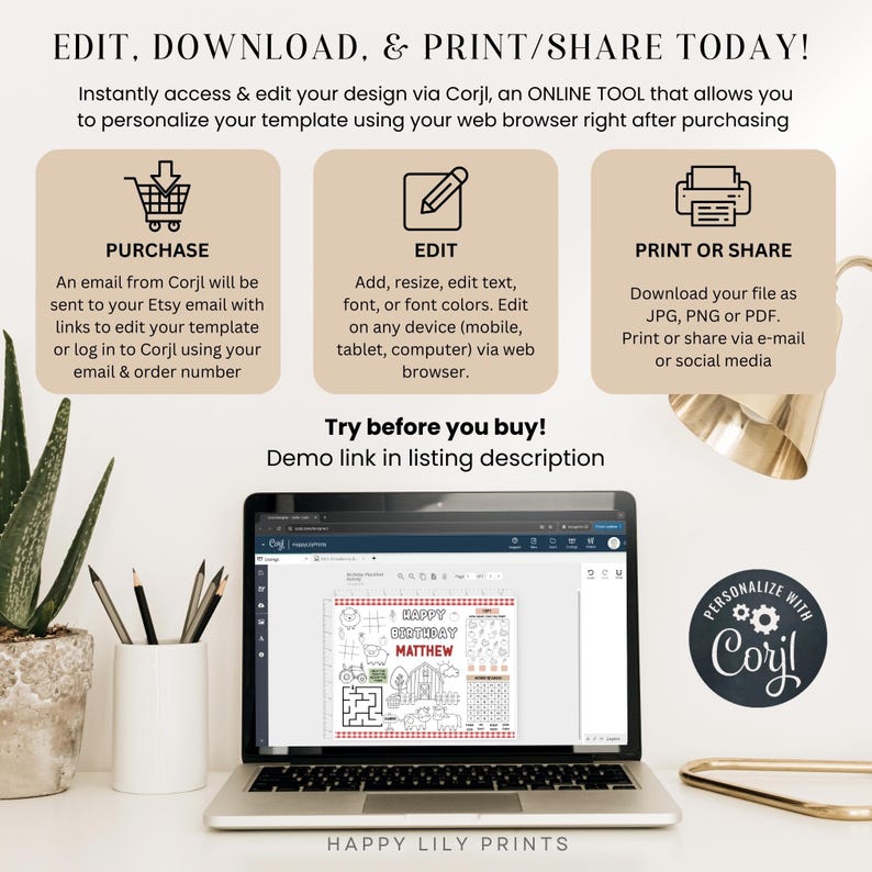 K&ouml;nnte beinhalten: Ein Laptop zeigt eine anpassbare Geburtstagsvorlage mit dem Text "Happy Birthday Matthew". Das Bild enth&auml;lt Anweisungen zum Bearbeiten und Drucken des Designs &uuml;ber Corjl, einem Online-Tool. Der Text "Edit, Download & Print/Share Today!" steht oben.