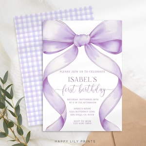 Editable Purple Bow Birthday Invitation, 1st Birthday, First Birthday Invite, Purple Bow Invitation Template, Coquette Bow Birthday KB16