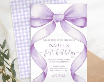 Editable Purple Bow Birthday Invitation, 1st Birthday, First Birthday Invite, Purple Bow Invitation Template, Coquette Bow Birthday KB16