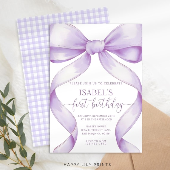 Purple Bow Birthday Invitation Template, Girls First Birthday Invite, 1st Birthday, Coquette Birthday KB16
