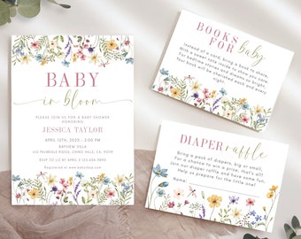 Baby in Bloom Invitation Bundle, Baby in Bloom Baby Shower, Diaper Raffle, Wildflower Baby Shower Invite, Baby Girl Shower Invitation BS01