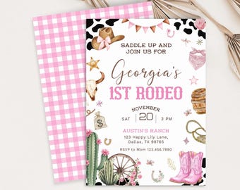 Cowgirl First Rodeo Birthday Invitation, Wild West Party (Editable Template), Girl 1st Birthday Invite KB103