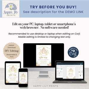 May include: A digital mockup showing how to edit a printable invitation for a princess-themed birthday party. The invitation features a gold carriage with a crown and the text "Five-ness" and "Olivia is turning 5". The invitation is shown on a computer screen, a tablet, and a smartphone. The text "Personalize with Corjl" is also visible.