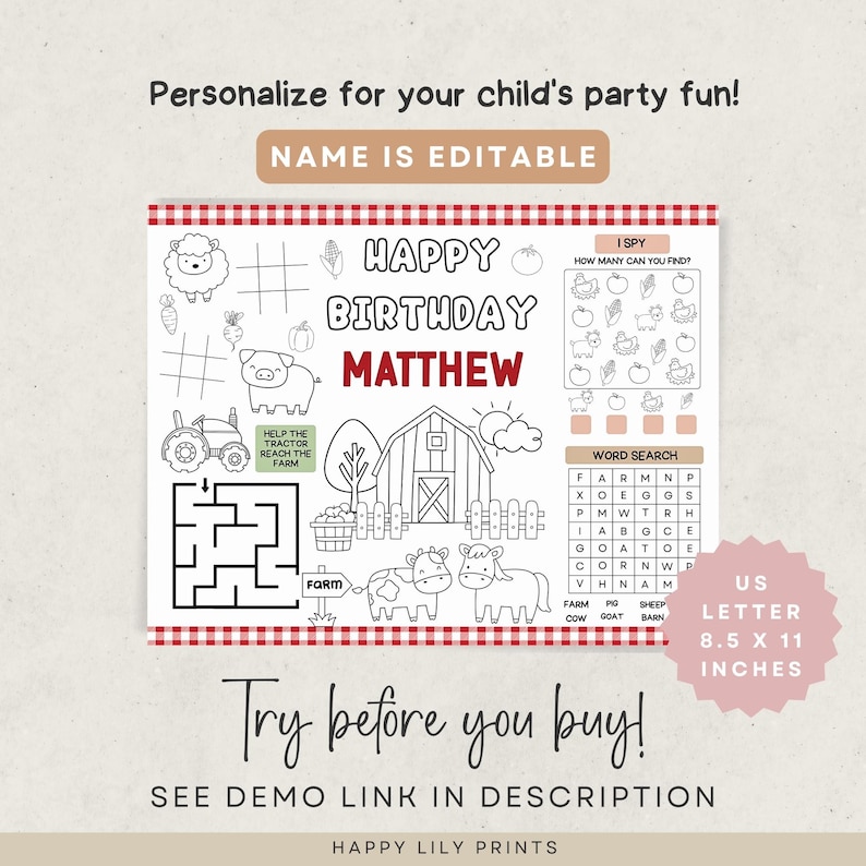 K&ouml;nnte beinhalten: Ein personalisiertes Geburtstag-Aktivit&auml;tsblatt zum Thema Bauernhof mit dem Text "Happy Birthday Matthew". Enth&auml;lt ein Suchspiel, ein Wortsuchr&auml;tsel und ein Labyrinth. Das Blatt misst 21,6 x 27,9 cm.