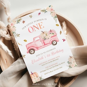 Pink Truck Pumpkin Birthday Invitation, Editable Pink Our Little Pumpkin is Turning One Girl, 1st Birthday Pumpkin Halloween Invite KB45