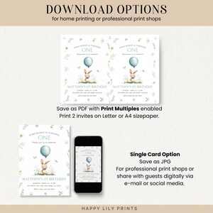May include: Printable invitation for a first birthday party with a blue bunny holding a balloon. The invitation has a watercolor background with flowers and butterflies. The text on the invitation reads "Some bunny is turning one" and "Matthew's 1st Birthday".