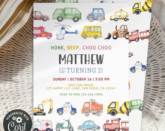 May include: A white invitation card featuring watercolour illustrations of vehicles like cars, trucks, and a helicopter. The text reads "Honk, Beep, Choo Choo" and announces a birthday party for Matthew, who is turning 2.