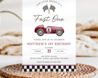 Vintage Race Car Birthday Invitation, Fast One 1st Birthday Invite, Race Car Invitation Template 1st Birthday Racing Invitation,Red Car KB13