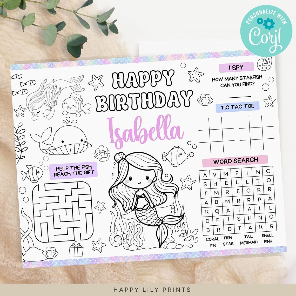 Mermaid Printable Placemat, Editable Mermaid Birthday Coloring Placemat ...