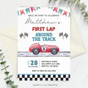 May include: A red race car with a checkered flag finish line and the text "Matthew's First Lap Around The Track" on a white background. The invitation includes the date "Nov 28" and the time "At 3 to 5 PM".