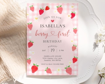 Berry First Birthday Invitation Template, Editable Berry First Birthday, Strawberry Birthday, First Birthday Girl, Berry 1st Birthday KB95