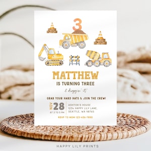 3 And Diggin It Birthday Invitation, Construction Party Invite, Dump Truck Party, Dirty 3rdy, Truck Birthday Party, Boy 3rd Birthday KB86