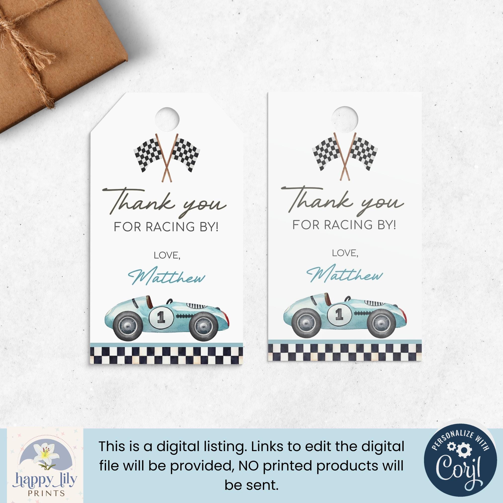 Race Car Thank You Tag, Editable Blue Race Car Party Favors Tag