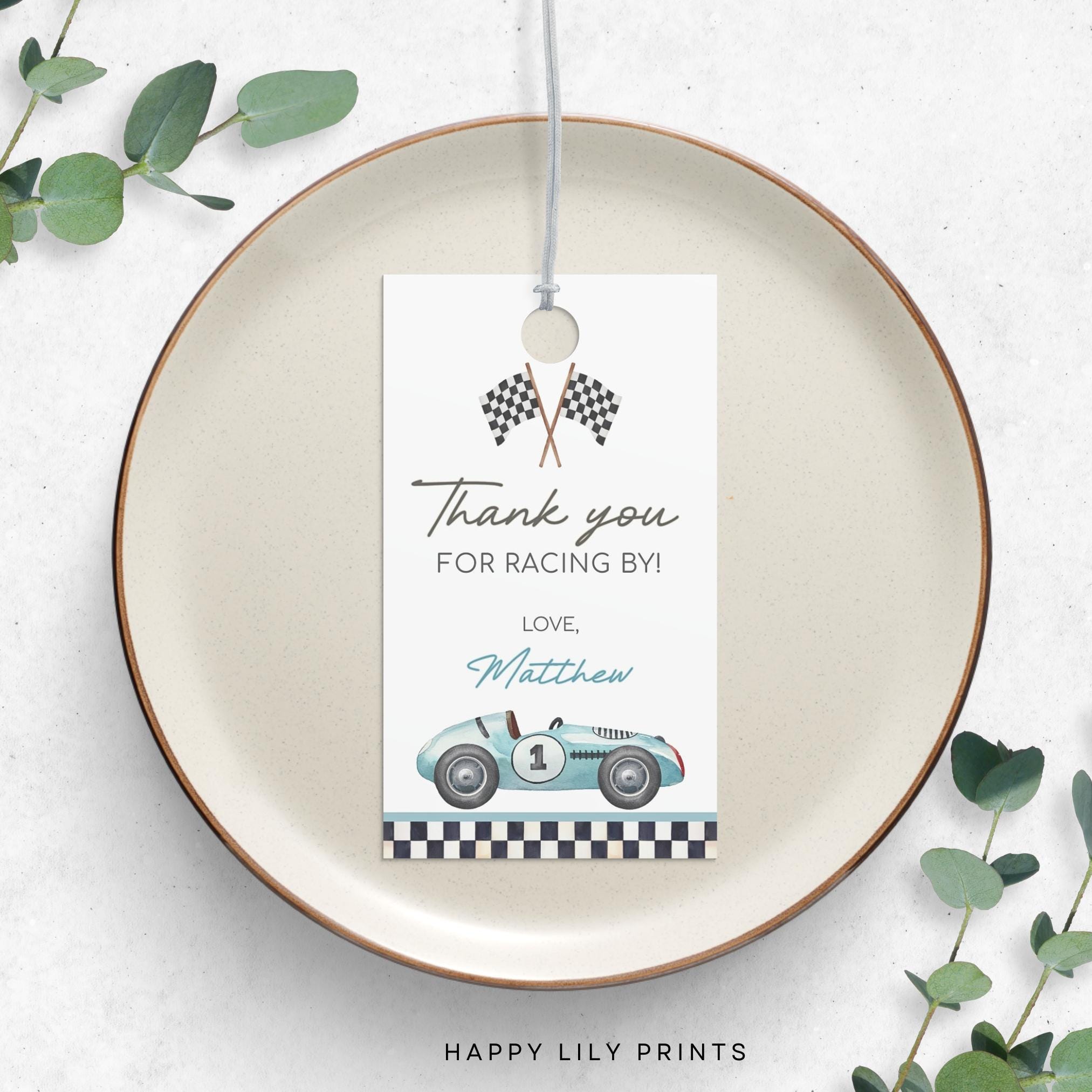 Race Car Thank You Tag, Editable Blue Race Car Party Favors Tag