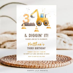 3 And Diggin It Birthday Invitation, Construction Party Invite, Dump Truck Party, Dirty 3rdy, Truck Birthday Party, Boy 3rd Birthday KB85
