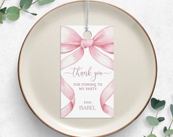 Pink Bow Thank You Tag, Editable Pink Bow Party Favors Tag, Minimalist Pink Watercolor Bow Favors Tag, Girls Just Wanna Be One Party  KB16