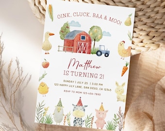 Oink Baa Moo Turning Two Birthday Invitation, Farm Theme Editable Boy 2nd Birthday Invite, Farm Animals, Barnyard Birthday, Farm Red KB92