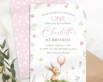 Some Bunny Sweet Is Turning One Invite, Some Bunny Is One, Some Bunny Birthday Invitation, Bunny First Birthday, Floral Bunny Invite KB74