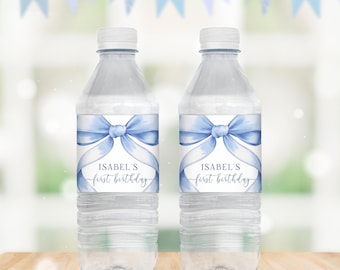 Editable Blue Bow Birthday Water Bottle Label, 1st Birthday, Blue Bow First Birthday, Blue Bow Water Bottle, Blue Coquette Baby Shower KB16
