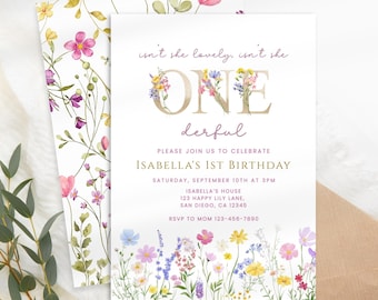 May include: A floral-themed first birthday invitation with a gold "ONE" decorated with flowers. The text reads "isn't she lovely, isn't she ONE derful" and includes details for the birthday party, including the date, time, location, and RSVP information.