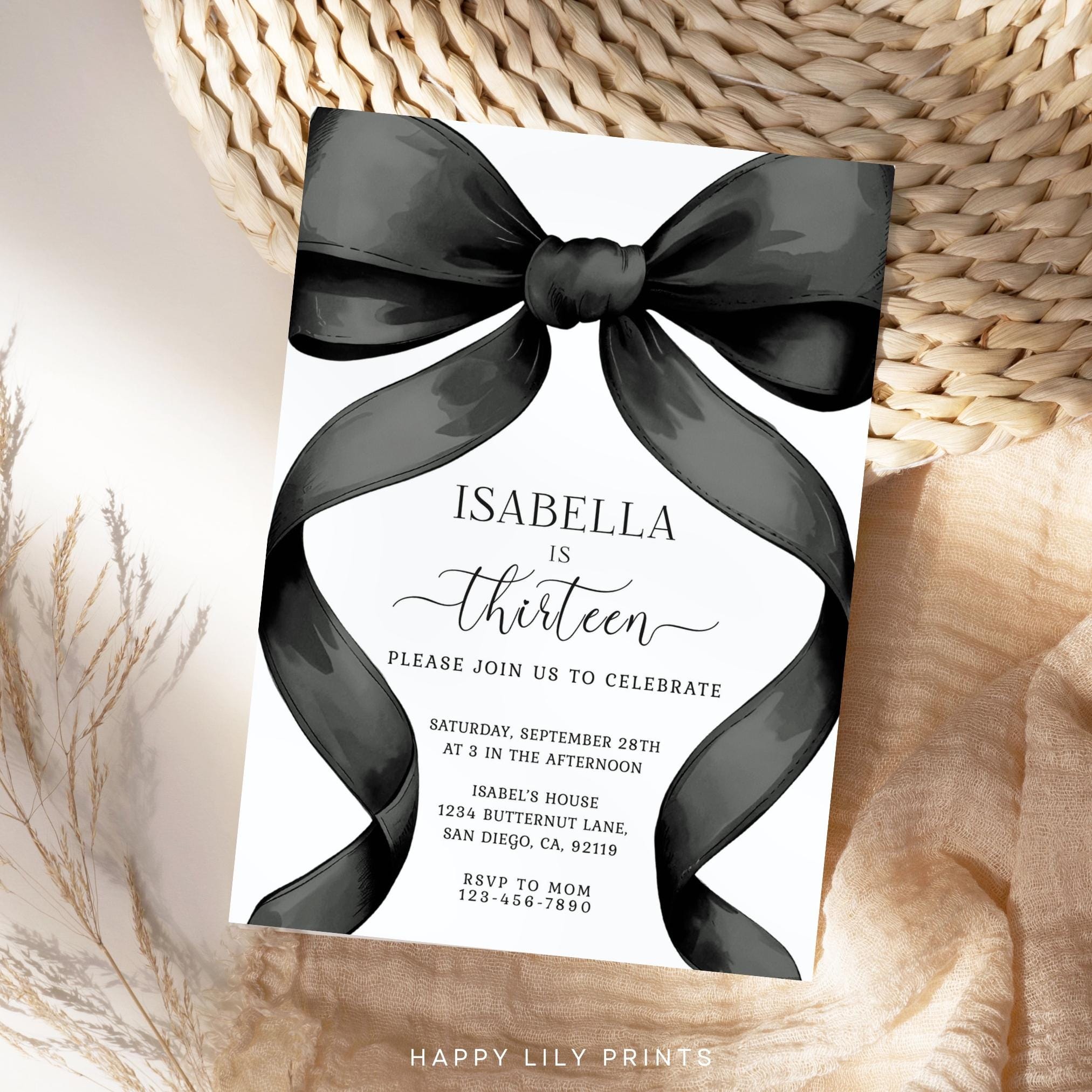 Editable Black Bow Birthday Invitation, Black Coquette Bow, Black Bow