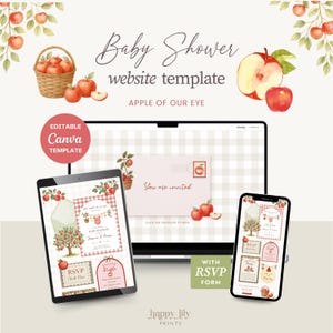 May include: A digital baby shower website template featuring watercolor apple illustrations, a wicker basket, and red apples. The design includes text reading Baby Shower website template, APPLE OF OUR EYE, and EDITABLE Canva TEMPLATE, displayed on a laptop, tablet, and smartphone screen.