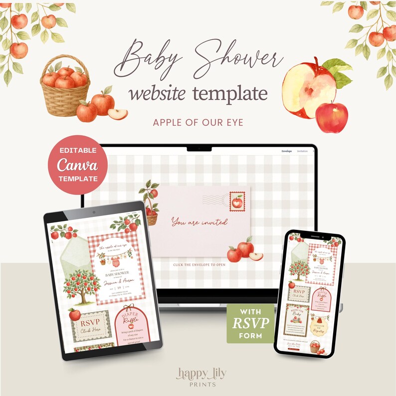 May include: A digital baby shower website template featuring watercolor apple illustrations, a wicker basket, and red apples. The design includes text reading Baby Shower website template, APPLE OF OUR EYE, and EDITABLE Canva TEMPLATE, displayed on a laptop, tablet, and smartphone screen.