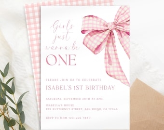 Girls Just Wanna Be ONE Invite, Pink Bow Invitation for Birthday 1st Birthday, First Birthday Invite, 1st Birthday Invitation Template KB15