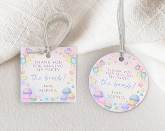 May include: Two pastel pink and purple thank you tags with a rainbow background and colorful balloons, stars, and hearts. The text on the tags reads "Thank you for making my party the bomb! Love, Sophia".