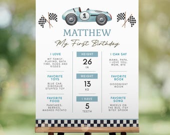 Pode incluir: Um cartaz de marco de primeiro aniversário azul e branco com um carro de corrida de desenho animado, uma bandeira quadriculada e o nome Matthew. O cartaz lista a altura, o peso, os brinquedos favoritos, a comida, o livro e a música da criança. O cartaz inclui as medidas 26 polegadas, 13 quilogramas e 5 dentes.