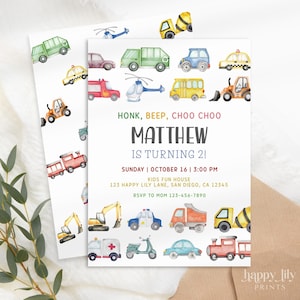 May include: Watercolor-style birthday invitations featuring various vehicles like trucks, cars, and a helicopter. The invitation reads "HONK, BEEP, CHOO CHOO MATTHEW IS TURNING 2!" with event details. A matching design is on the back.