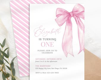 Invitación de cumpleaños editable con lazo rosa, plantilla de invitación con lazo rosa de Little Miss ONEderful, Girls Just Wanna Be ONE, lazo rosa de Coquette KB69