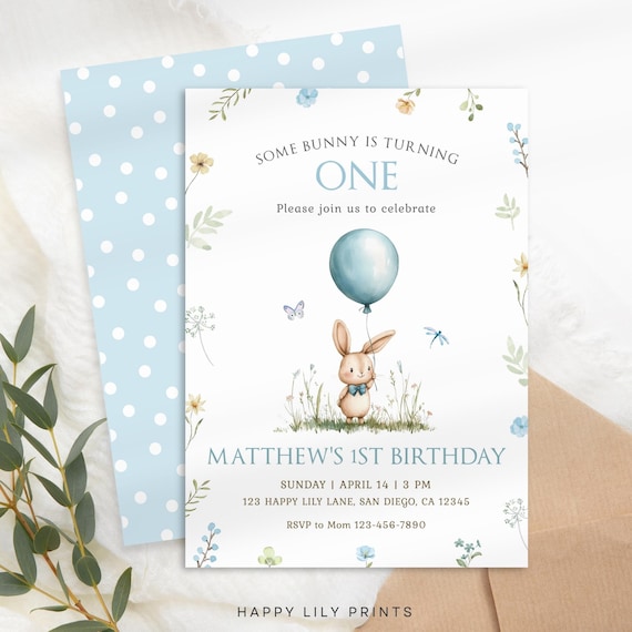 Some Bunny Is Turning One Boy Birthday Invitation, Some Bunny Is One, Bunny 1st Birthday, Easter Birthday, Some Bunny Invite, Boy Bunny KB74