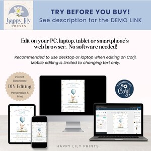 May include: A digital mockup of a blue and white baby boy's first birthday invitation with a bunny holding a blue balloon. The invitation says "One" and "Matthew's 1st Birthday". The invitation is shown on a computer screen, a laptop, and a smartphone. The text "TRY BEFORE YOU BUY! See description for the DEMO LINK" is at the top of the image. The text "HAPPY LILY PRINTS" is at the bottom of the image.