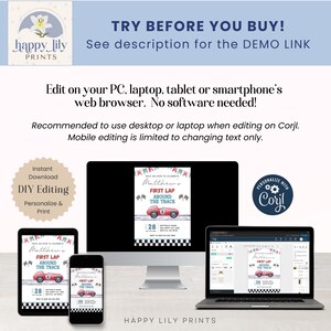 May include: A digital mockup of a printable invitation for a first birthday party. The invitation features a red race car with the text "Matthew's First Lap Around The Track" and a checkered flag pattern. The invitation is displayed on a computer screen, a tablet, and a smartphone.