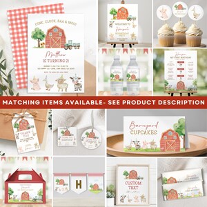 K&ouml;nnte beinhalten: Eine Sammlung von Partyzubeh&ouml;r im Scheunenstil, darunter Einladungen, Cupcake-Topper und Banner. Die Designs zeigen eine rote Scheune, Hoftiere und den Text "Oink, Cluck, Baa & Moo!" und "Barnyard Cupcakes".
