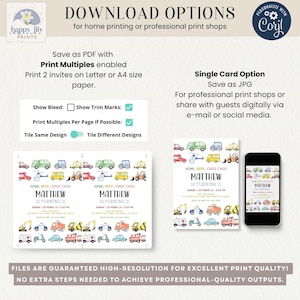 May include: Digital download options for birthday invitations. The design features a colorful array of vehicles, including cars, trucks, and motorcycles. The invitation is customizable and available in PDF and JPG formats for home printing or professional print shops.