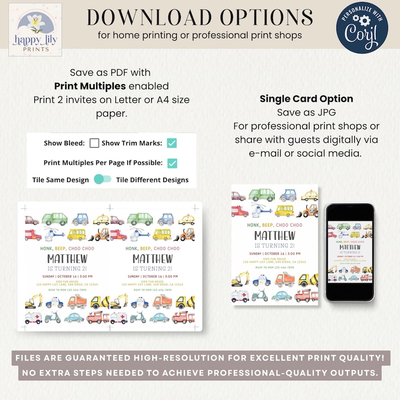 May include: Digital download options for birthday invitations. The design features a colorful array of vehicles, including cars, trucks, and motorcycles. The invitation is customizable and available in PDF and JPG formats for home printing or professional print shops.