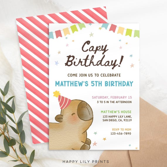 10 Inviti Di Compleanno Capybara Per Bambini – Con Buste, Tema Carino, Stampa Fronte/retro, Per Feste A Tema