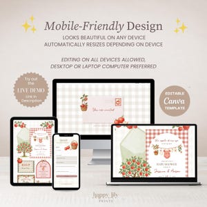 May include: A digital display showing an editable baby shower invitation template on a desktop monitor, a tablet, and a smartphone. The design features red apple illustrations, a red gingham pattern, and text including Mobile-Friendly Design.