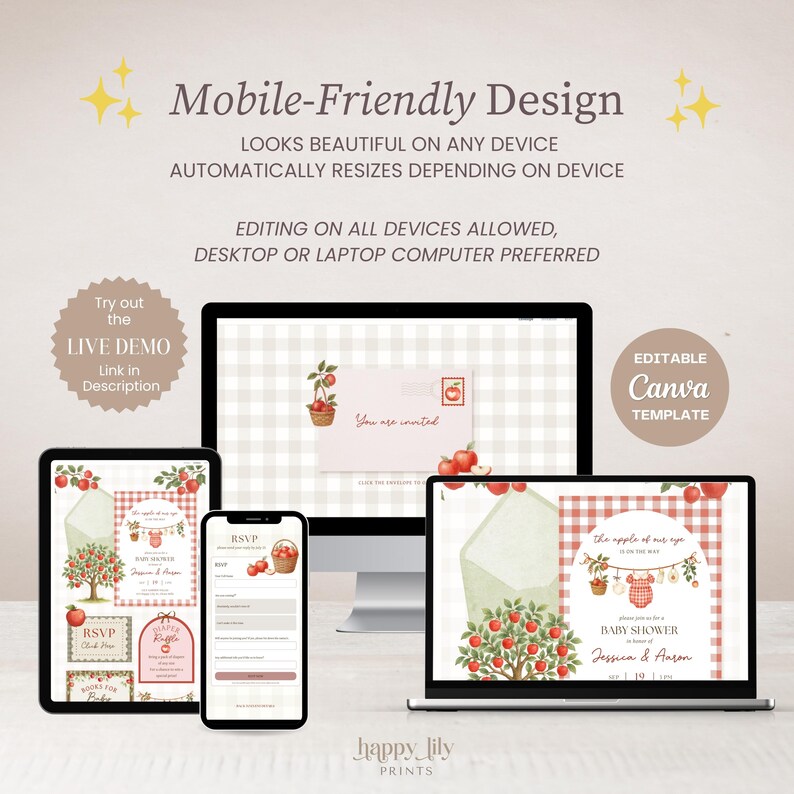 May include: A digital display showing an editable baby shower invitation template on a desktop monitor, a tablet, and a smartphone. The design features red apple illustrations, a red gingham pattern, and text including Mobile-Friendly Design.