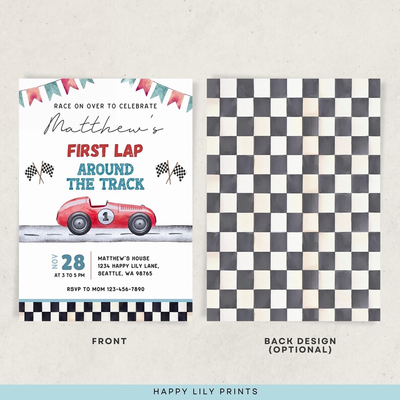 May include: A red, white, and blue invitation for a child's first lap around the track party. The invitation features a red race car with a white number one on the side. The text on the invitation reads "Race on over to celebrate Matthew's First Lap Around the Track".