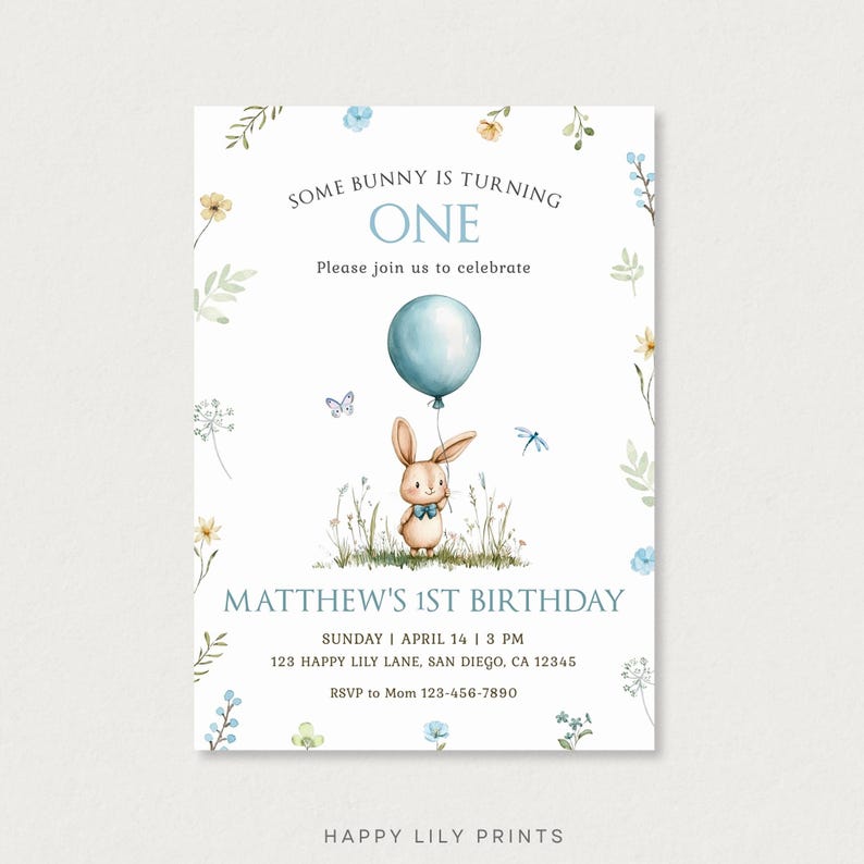 May include: A blue and white birthday invitation with a cute bunny holding a blue balloon. The invitation says "Some bunny is turning one" and includes the text "Matthew's 1st Birthday".