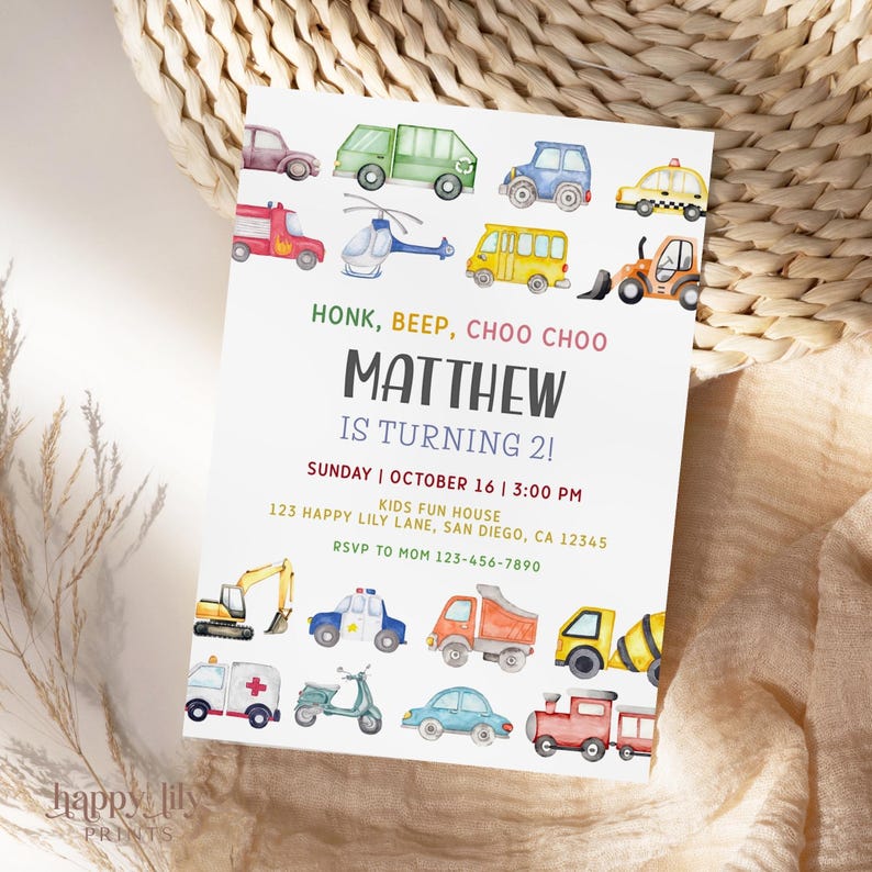 May include: A white invitation card with watercolor illustrations of various vehicles, including cars, trucks, and a helicopter. The text reads "HONK, BEEP, CHOO CHOO" and "MATTHEW IS TURNING 2!" with event details.