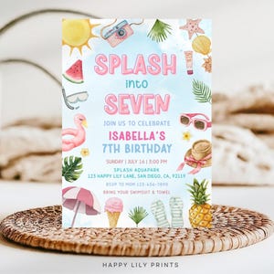 Splash into Seven Birthday Invite, Editable 7th Birthday Pool Party Invitation, Summer Girl Birthday Party,Splish Splash Birthday Party KB88