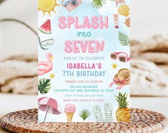 Splash into Seven Birthday Invite, Edytowalne 7. Urodzinowe Zaproszenie na Przyjęcie w Basenie, Letnie Urodziny Dziewczynki, Przyjęcie Urodzinowe Splish Splash KB88