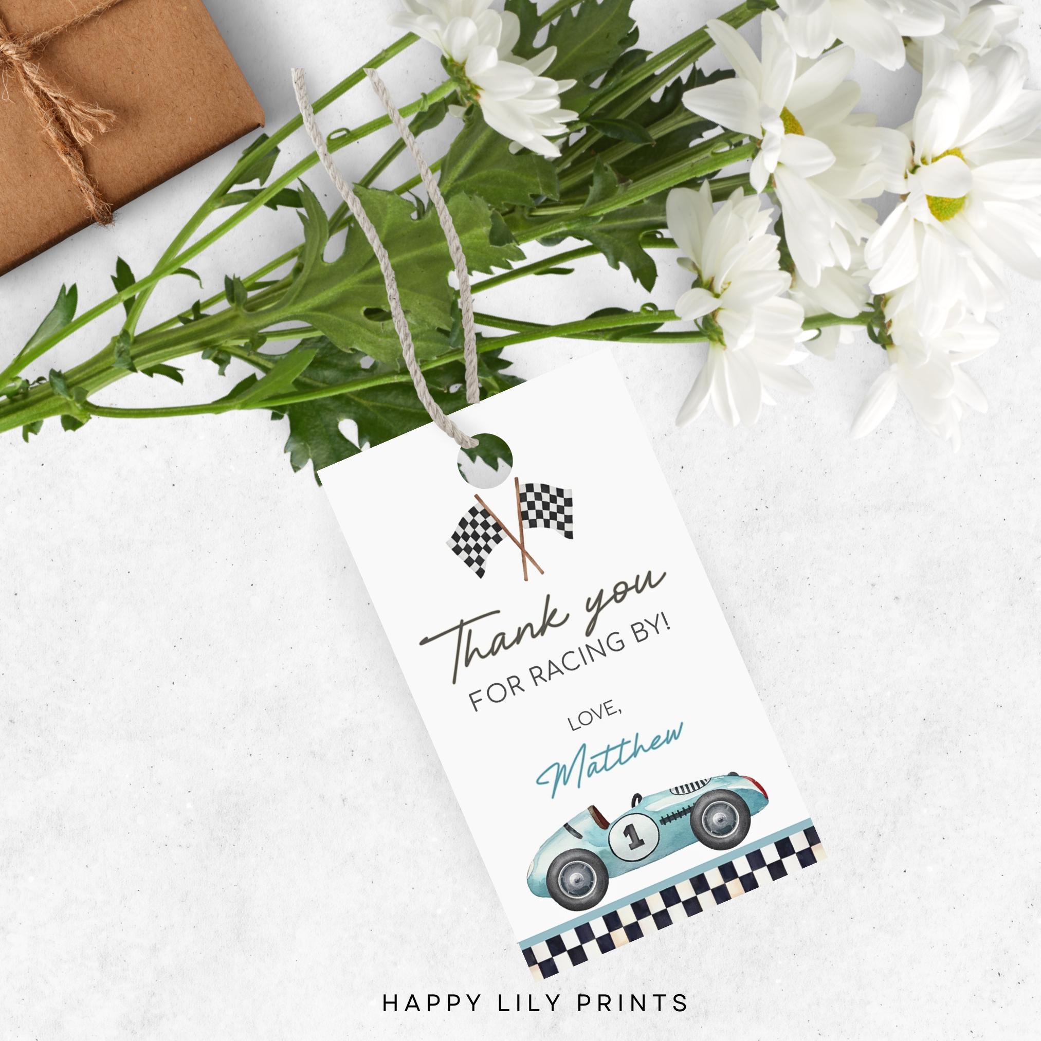 Race Car Thank You Tag, Editable Blue Race Car Party Favors Tag